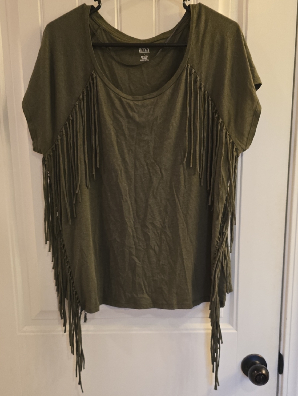 a.n.a Olive Short Sleeve Fringe Scoop Neck Top